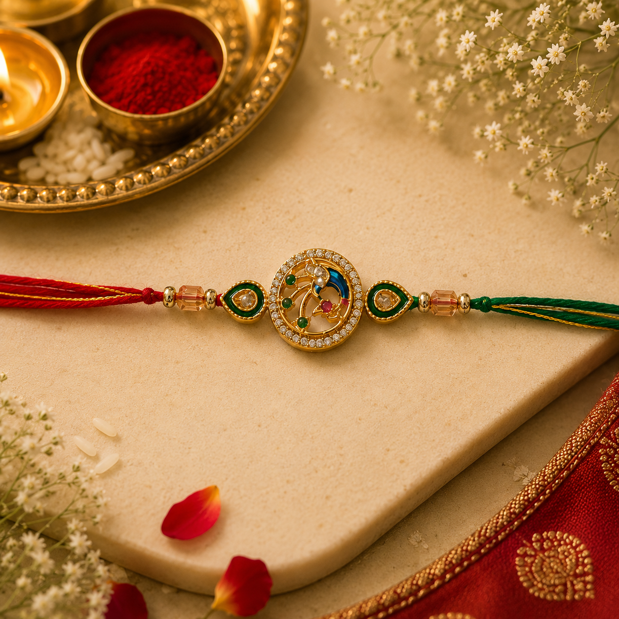 Peacock Kundan Rakhi with Green Stone Accents & Red-Green Thread
