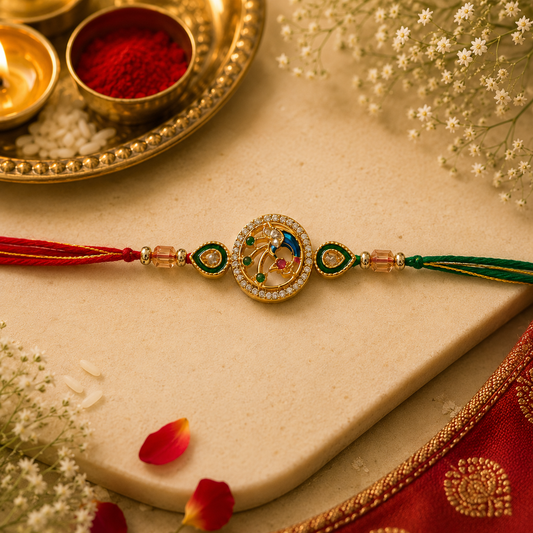 Peacock Kundan Rakhi with Green Stone Accents & Red-Green Thread