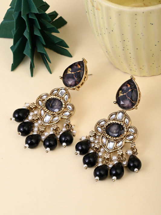 Gold-Plated Black Kundan Chandelier Earrings with Bead Drops