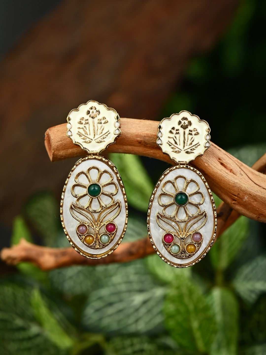 MOP Meenakari Floral Drop Earrings - Green