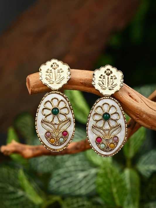 MOP Meenakari Floral Drop Earrings - Green