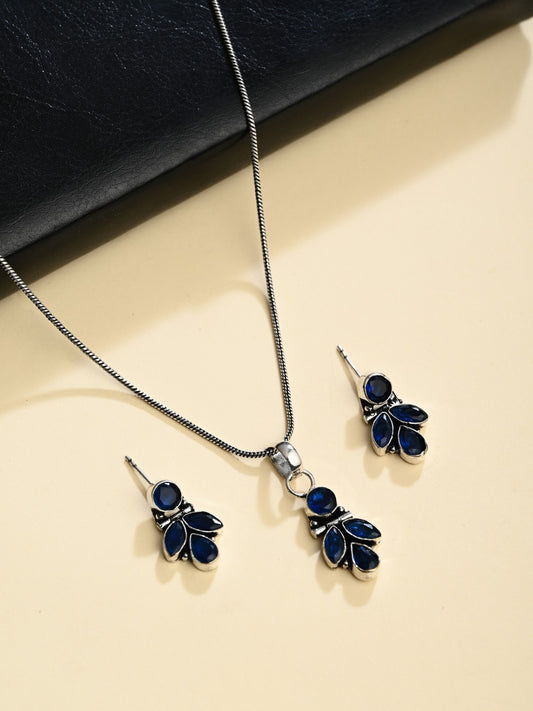 Elegant Crystal Pendant Necklace Set with Matching Drop Earrings - Navy