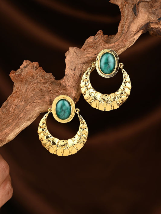 Kiara Teal Stone Textured Gold Hoop Earrings