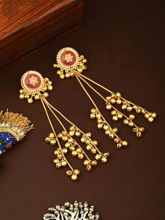 Gold plated Pink stone Kashmiri long earring