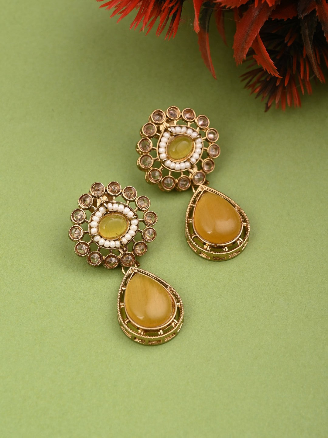 Gold plated Flower Stud with tear drop earring - Yellow