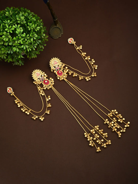 Gold plated, long Kashmiri earring with Ear chains Red