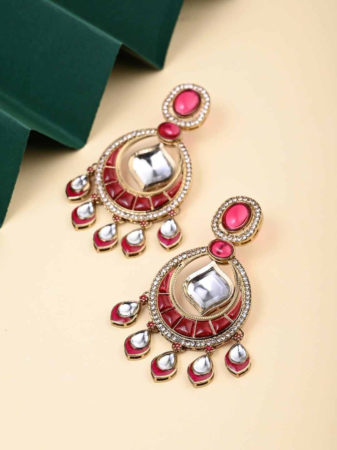 Kundan Chandbali Earrings with Teardrop Danglers- Pink