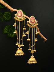 Gold Pink Meenakari Jhumka Drop Earrings