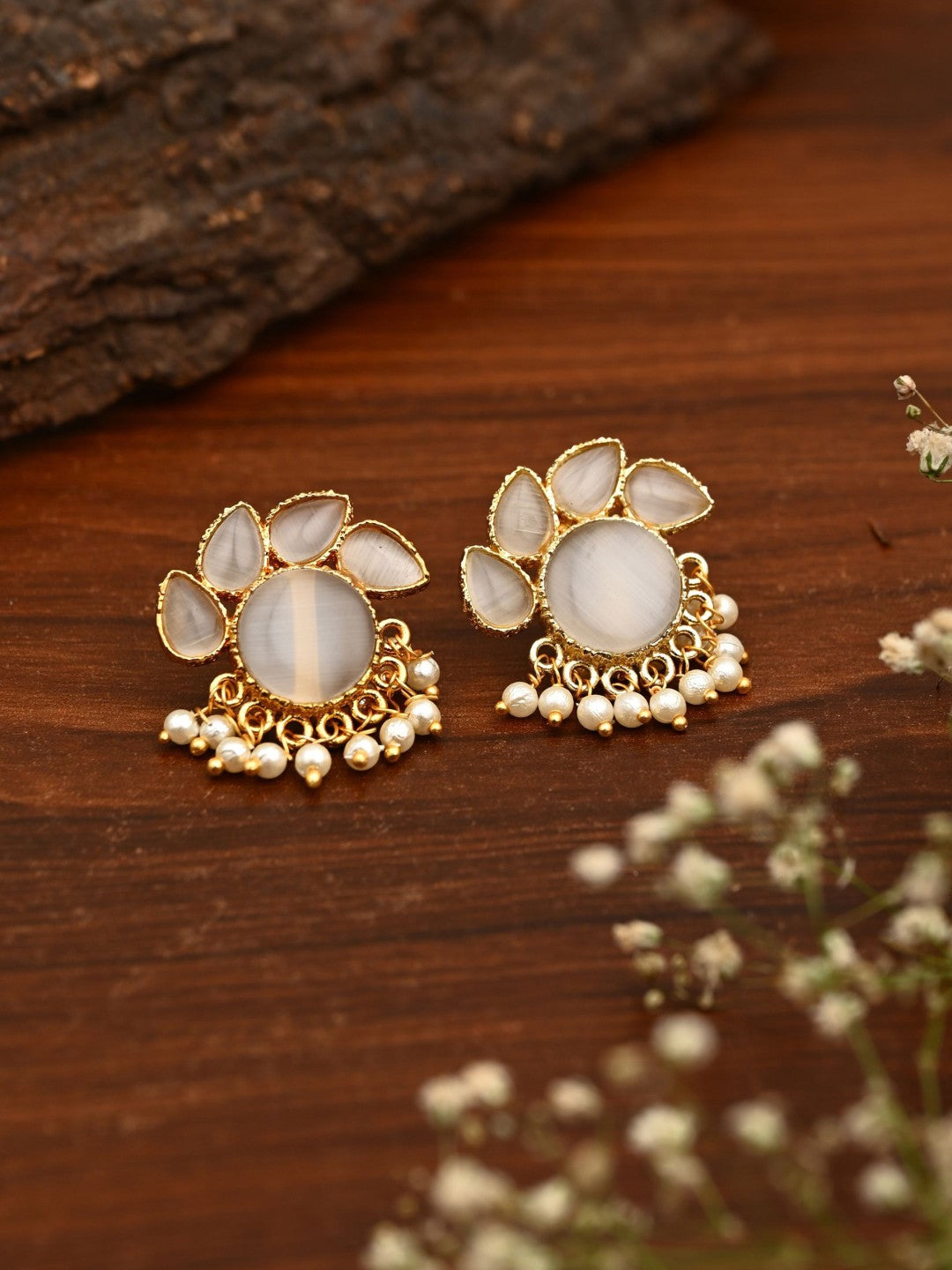 Stone Gold-Toned Earrings with Pearl Drops - Ivory