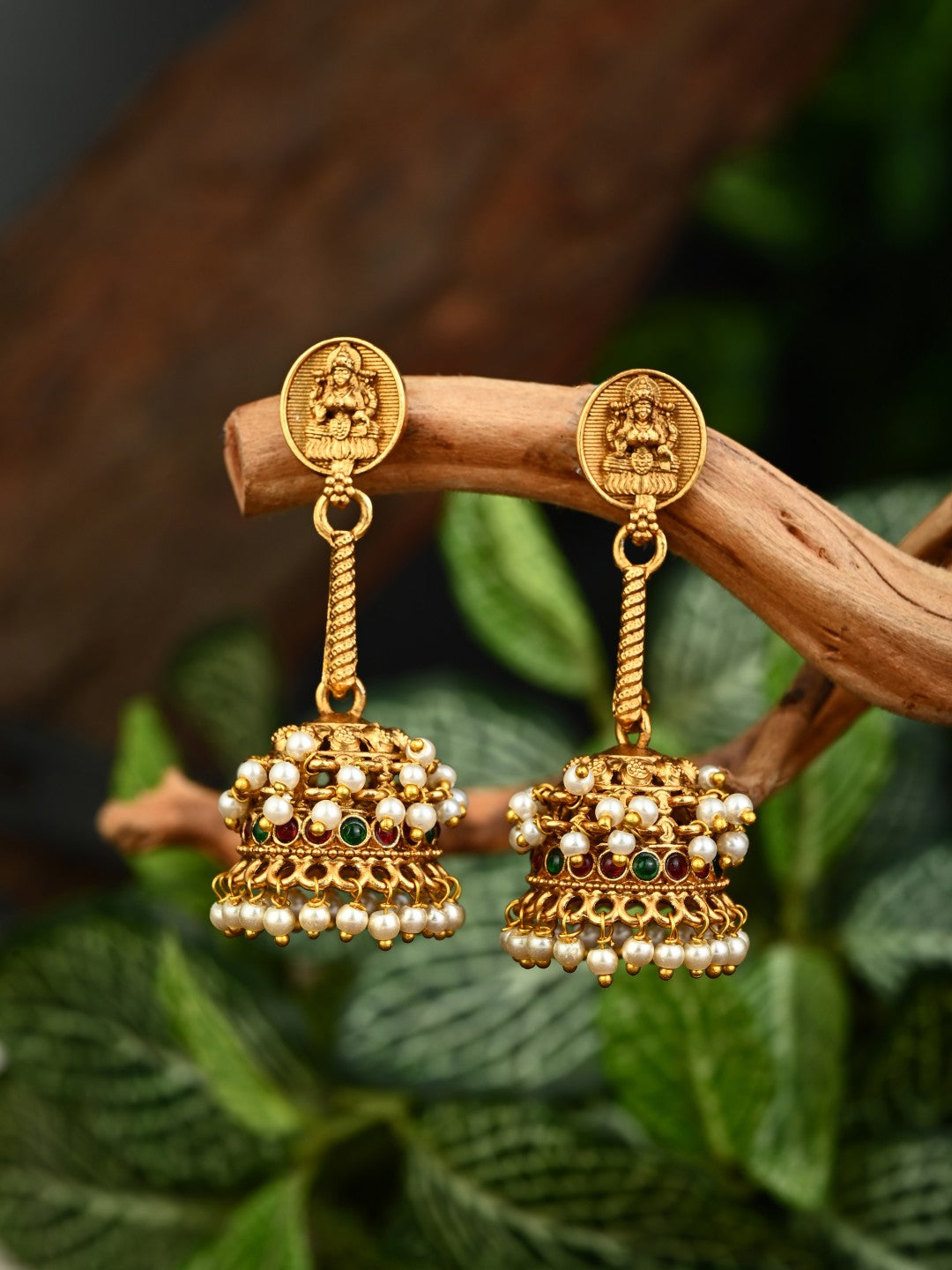Lakshmi Motif Pearl Jhumka Earrings