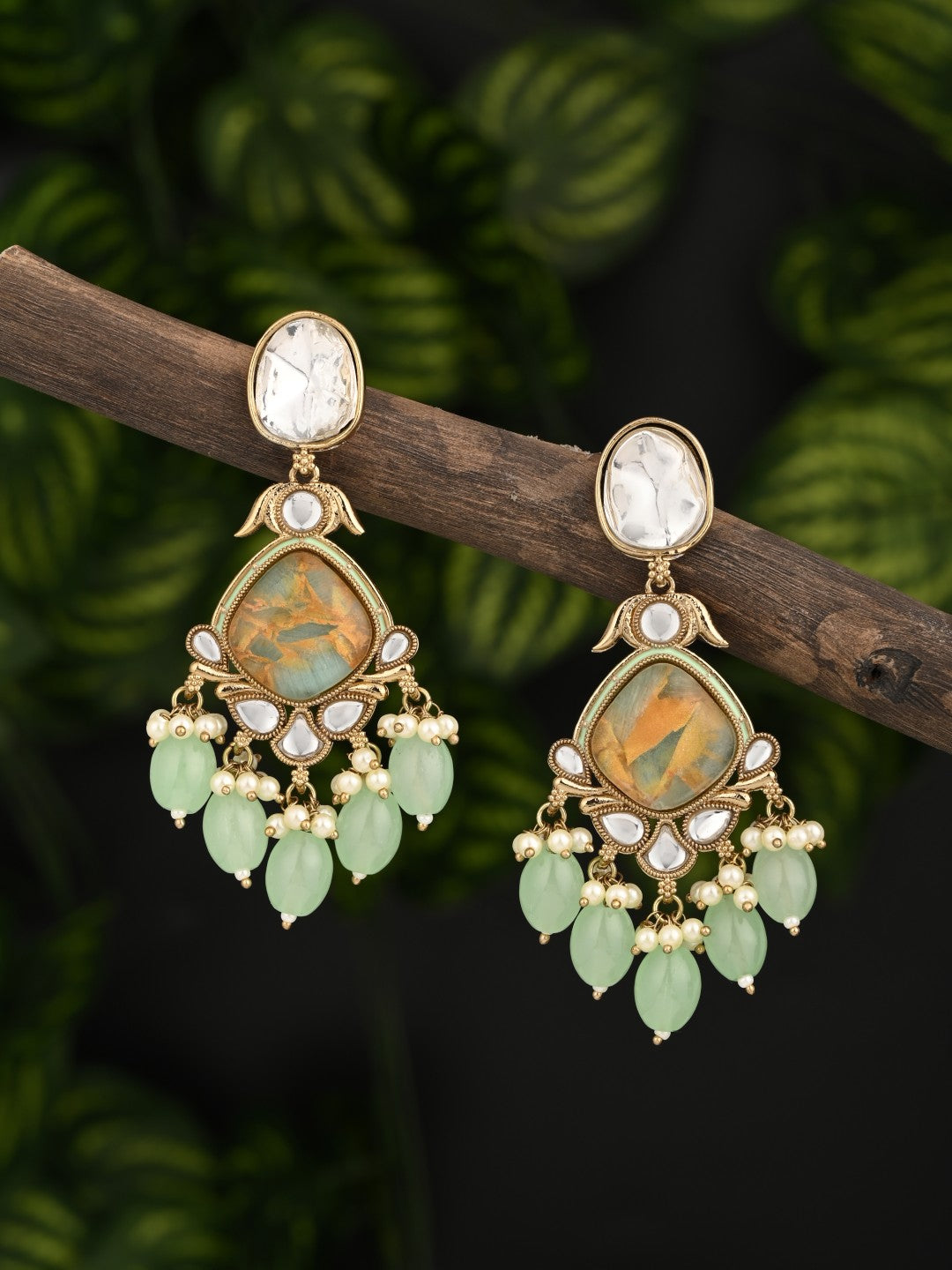 Gold plated two tone Pear shaped stone drop earring - Sage Green