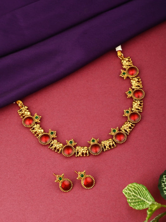 Gold plated Meenakari & Elephant Motif Necklace set - Red
