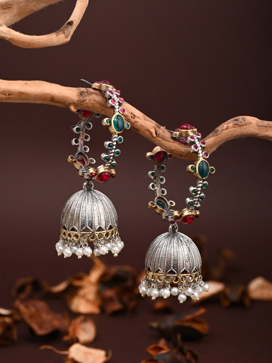 Silver-Tone Brass Stone-Studded Jhumka Earrings