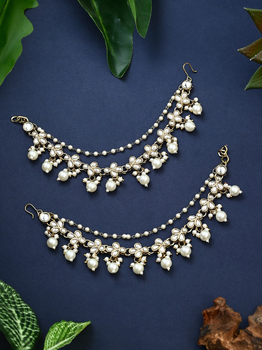 Kundan & Beads double layered ear chains with pearl cluster