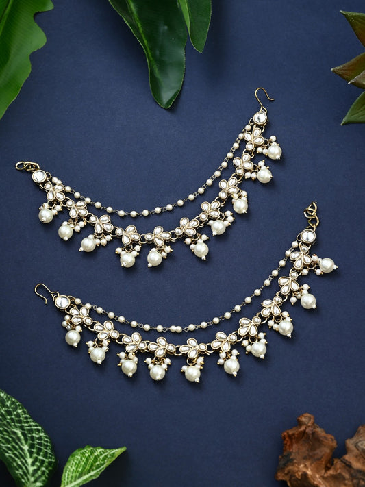 Kundan & Beads double layered ear chains with pearl cluster