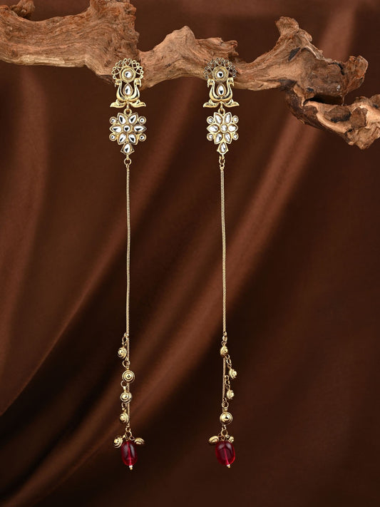 Ira Kundan Floral Ear Chain Earrings with Red Bead Drops