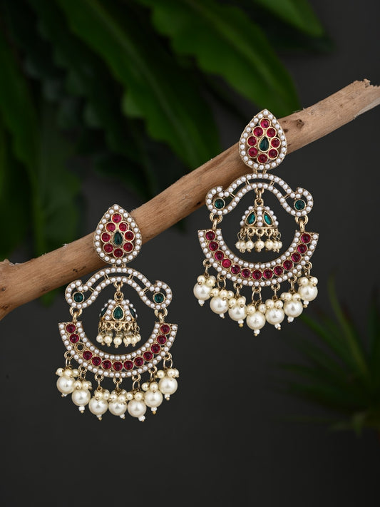 Gold plated Stone & beads chandbali Earring -  Multi