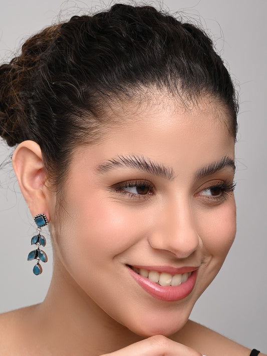 Silver Oxidized Leaf Drop Earrings Blue