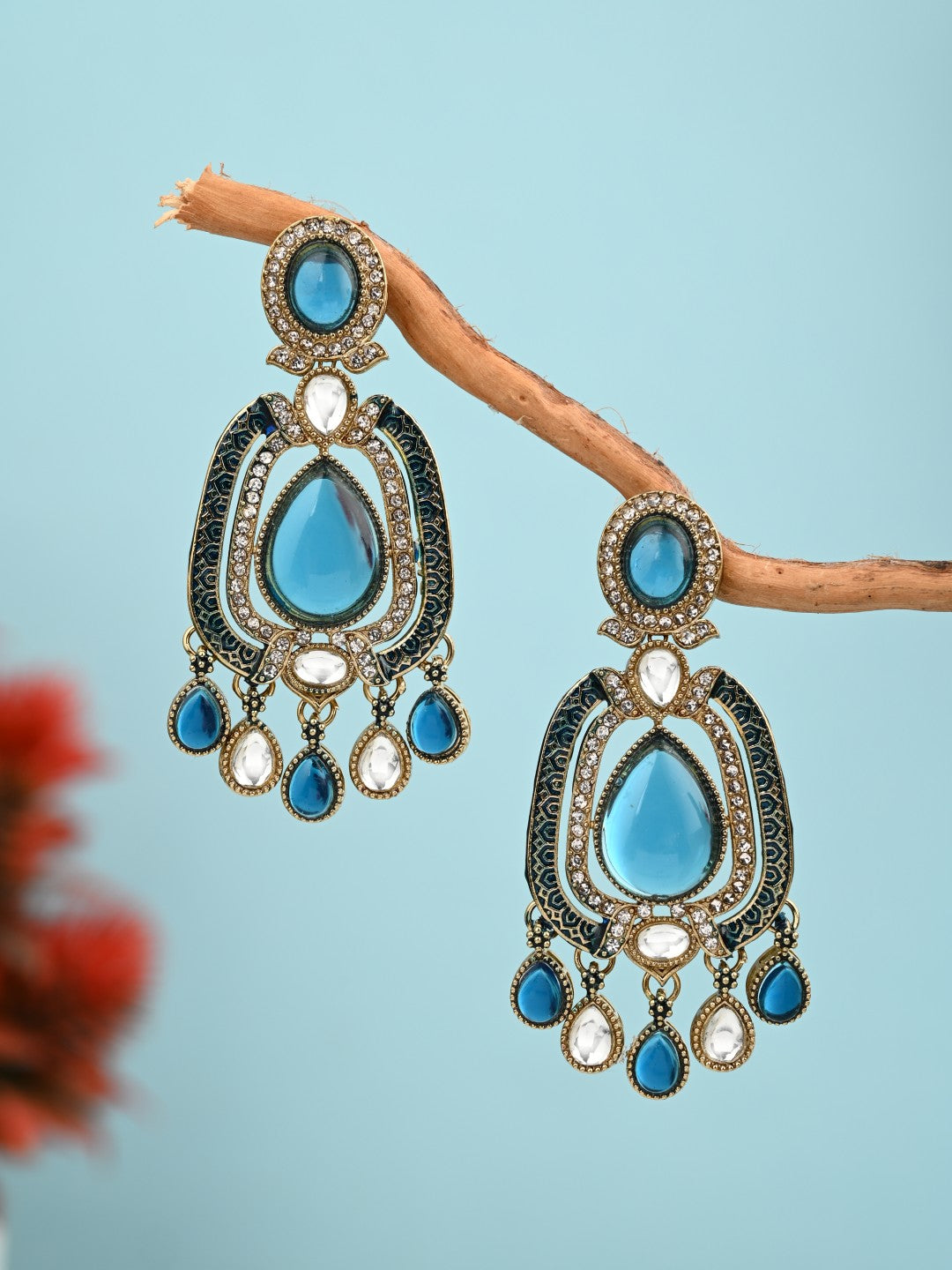 Elegant Crystal Teardrop Statement Earrings - Blue