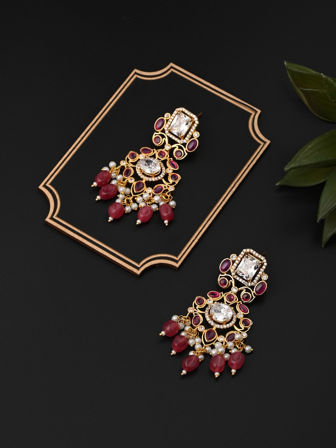 Gold plated Kundan & AD stone chandbali bali - Red