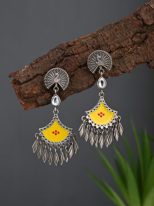 Silver Oxidised finish yellow hand painted drop earring