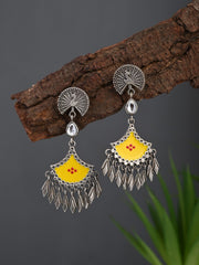 Silver Oxidised finish yellow hand painted drop earring