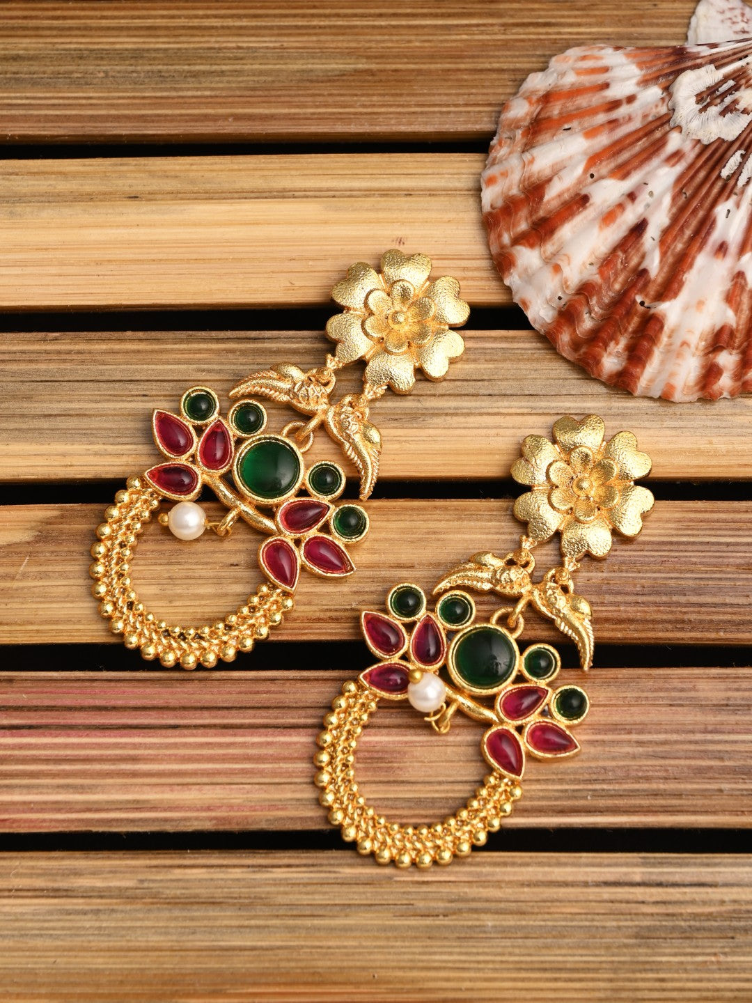 Gold-Plated Drop Earrings with Green & Red AD Stones