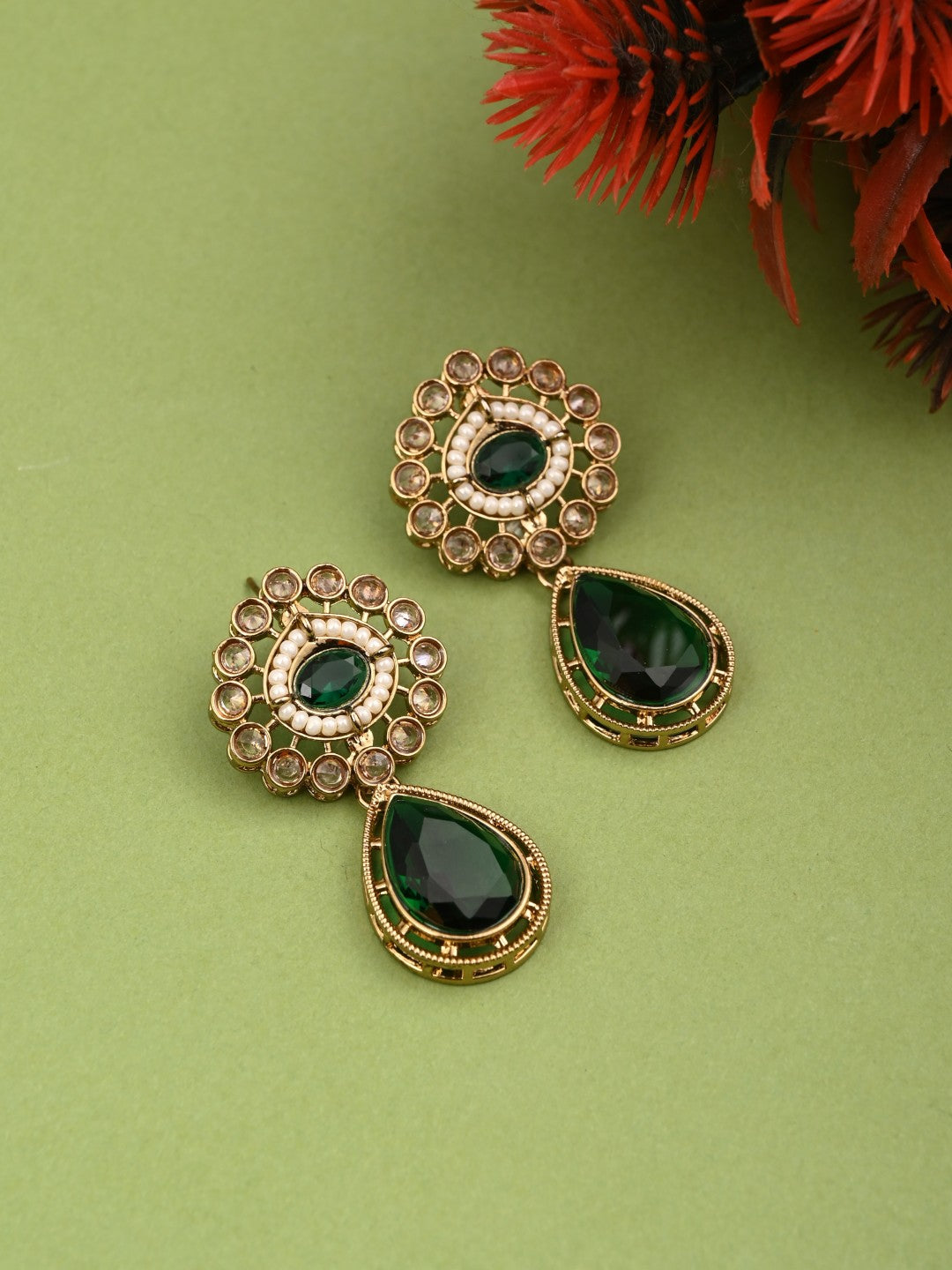 Gold plated Flower Stud with tear drop earring - Green