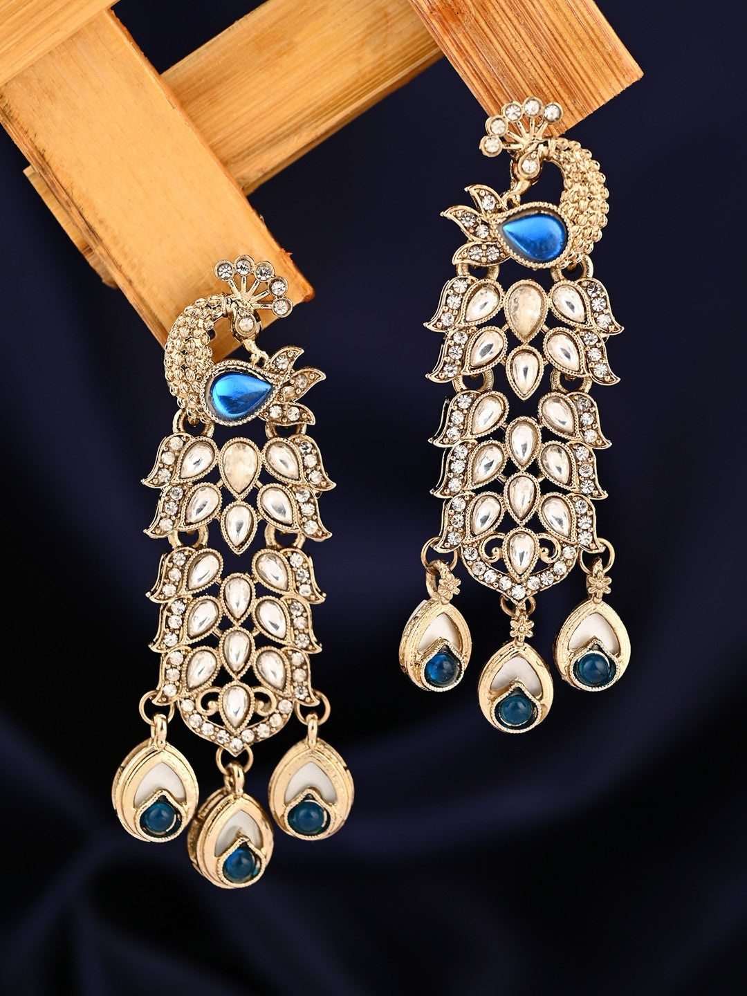 Gold-Toned Drop Earrings with  Stone Accents Blue