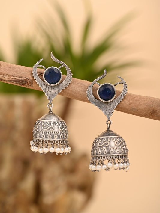 Blue Stone Oxidized Jhumka Earrings