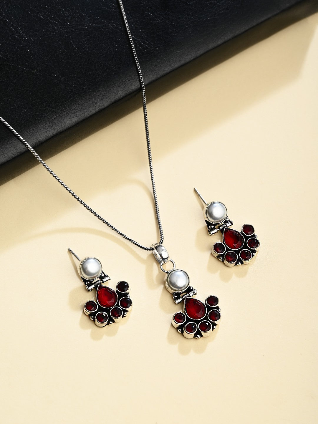 Floral Crystal Pendant Necklace Set with Matching Stud Earrings - Red