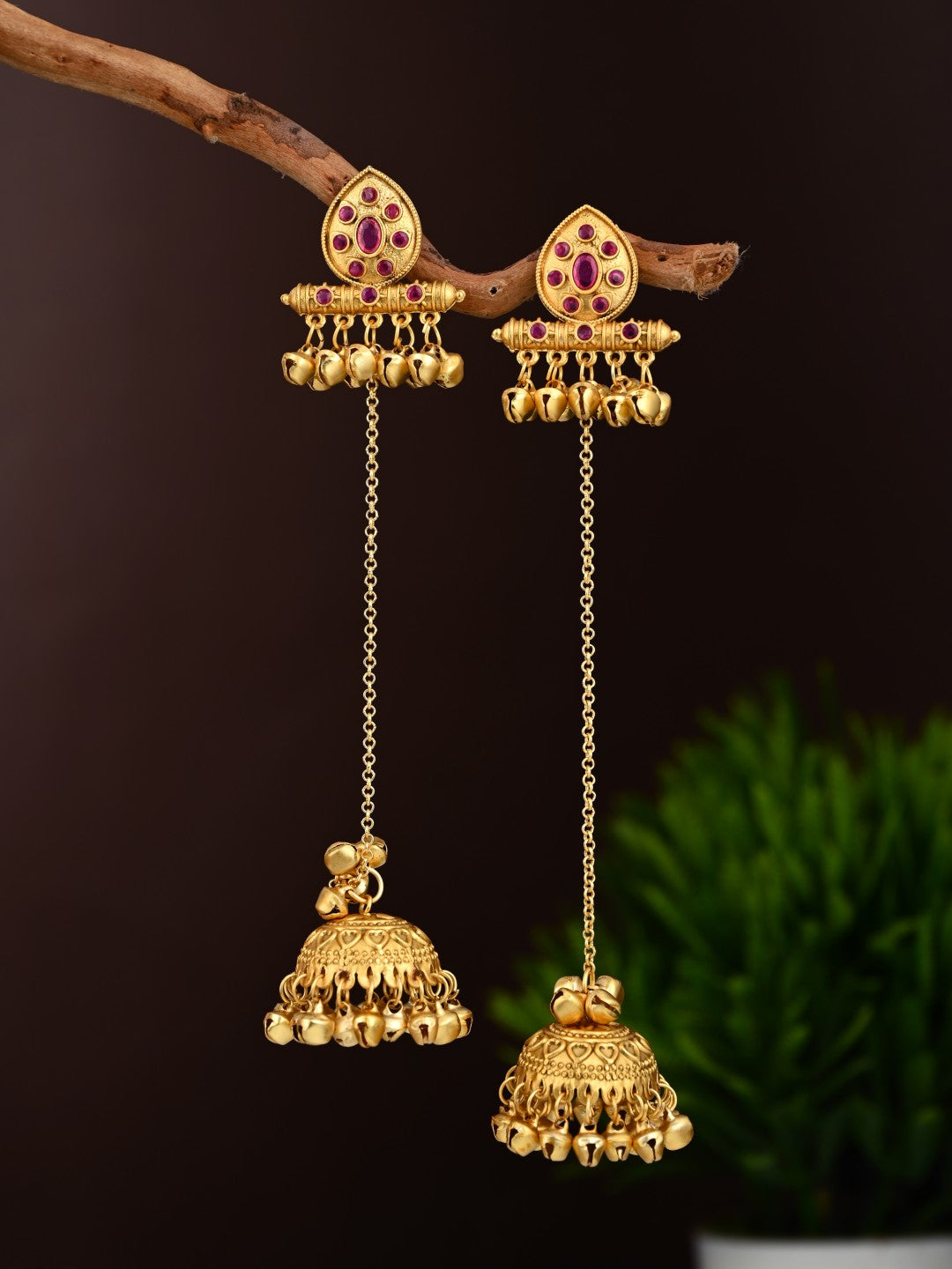 Ruby Temple Jhumka Earrings with Long Chain Tassels