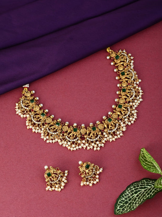 Green Pearl Filigree Elephant Necklace Earrings Set