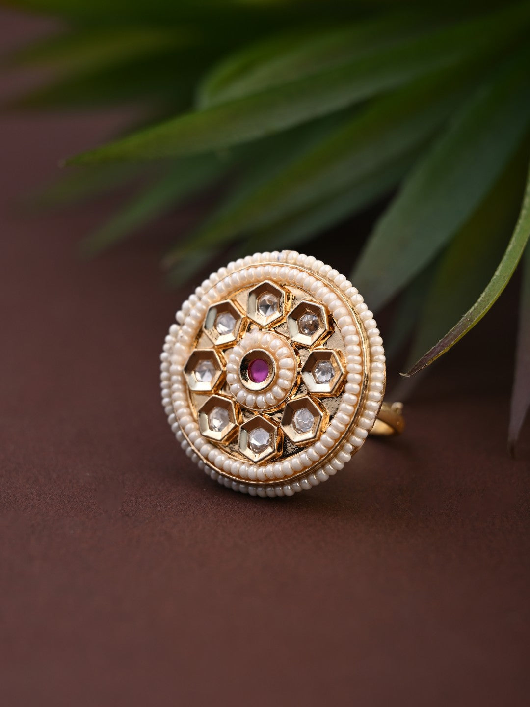 Brass Kundan Floral Pearl-Edge Ring