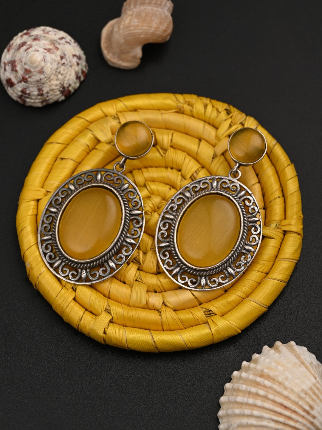 Oval Drop Earring in Silver frame with filigree Yellow