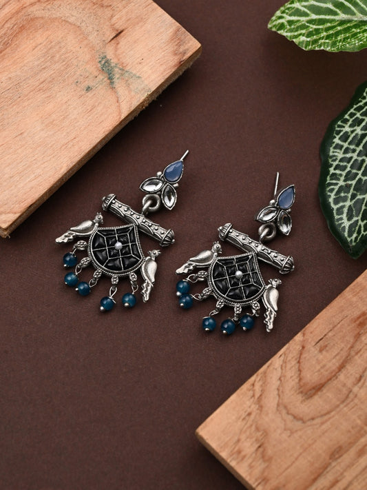 Silver plated bird drop earring - Blue