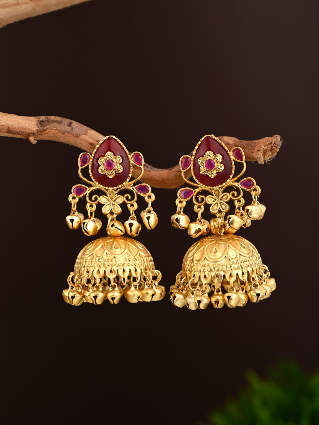 Ruby Temple Jhumka Earrings with Ghungroo Drops