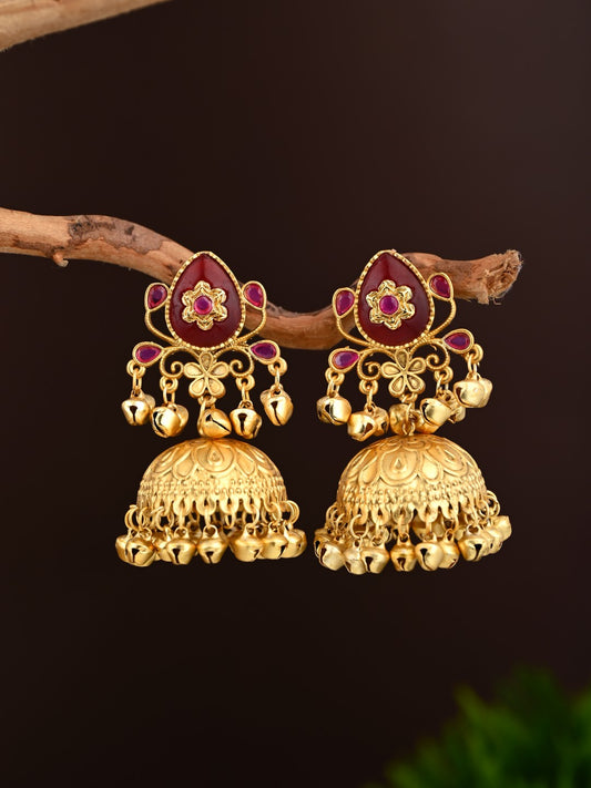 Ruby Temple Jhumka Earrings with Ghungroo Drops