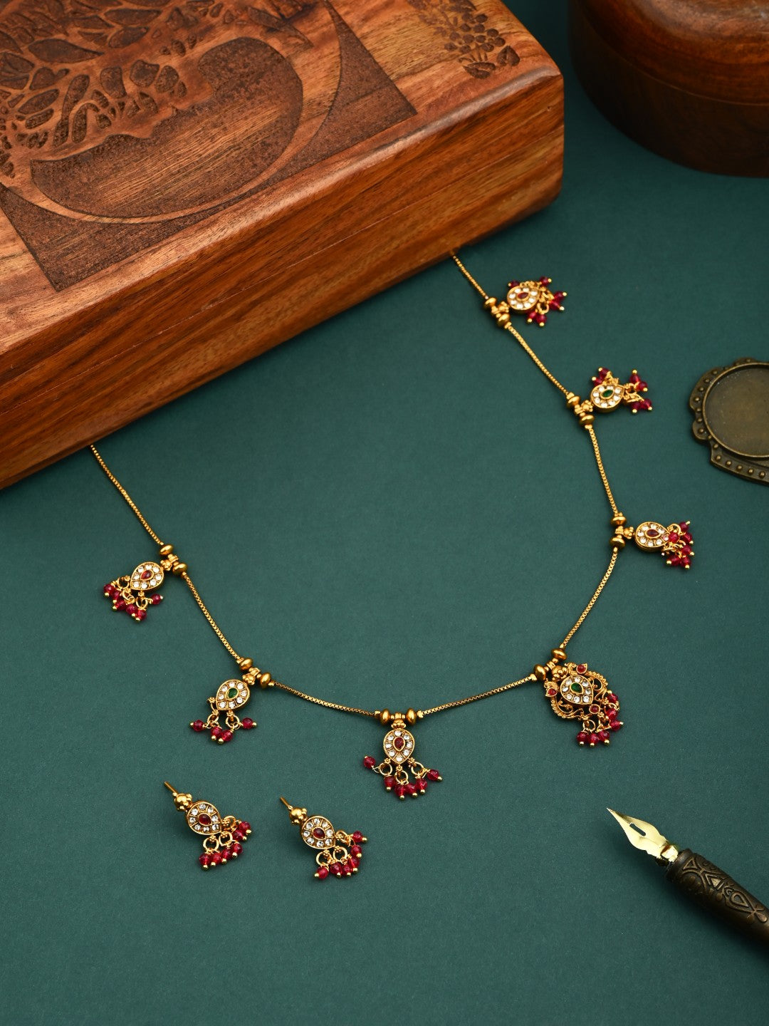 Ruby Emerald Filigree Necklace Earrings Set