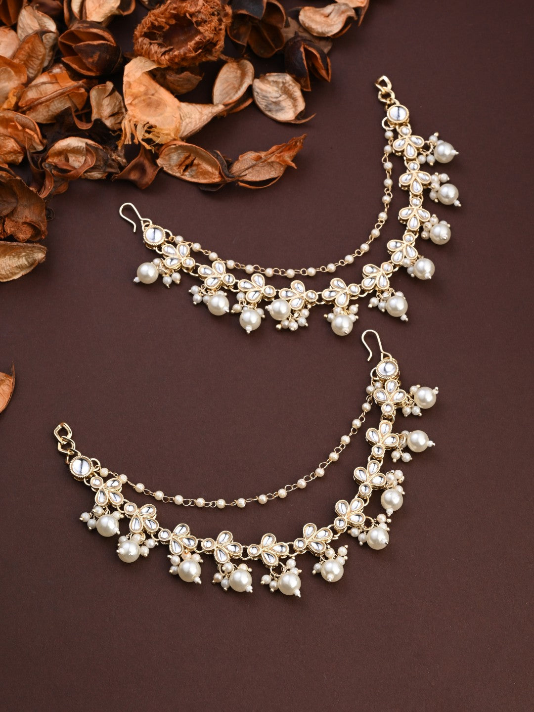 Elegant Gold-Plated Kundan Pearl Delicate Ear Chains