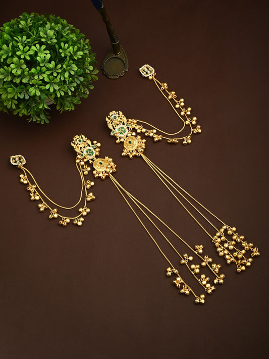 Gold-Tone Kundan & Green Stone Kashmiri Long Chain Earrings