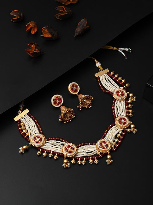 Gold plated, Brass Necklace & Earring Set - Red