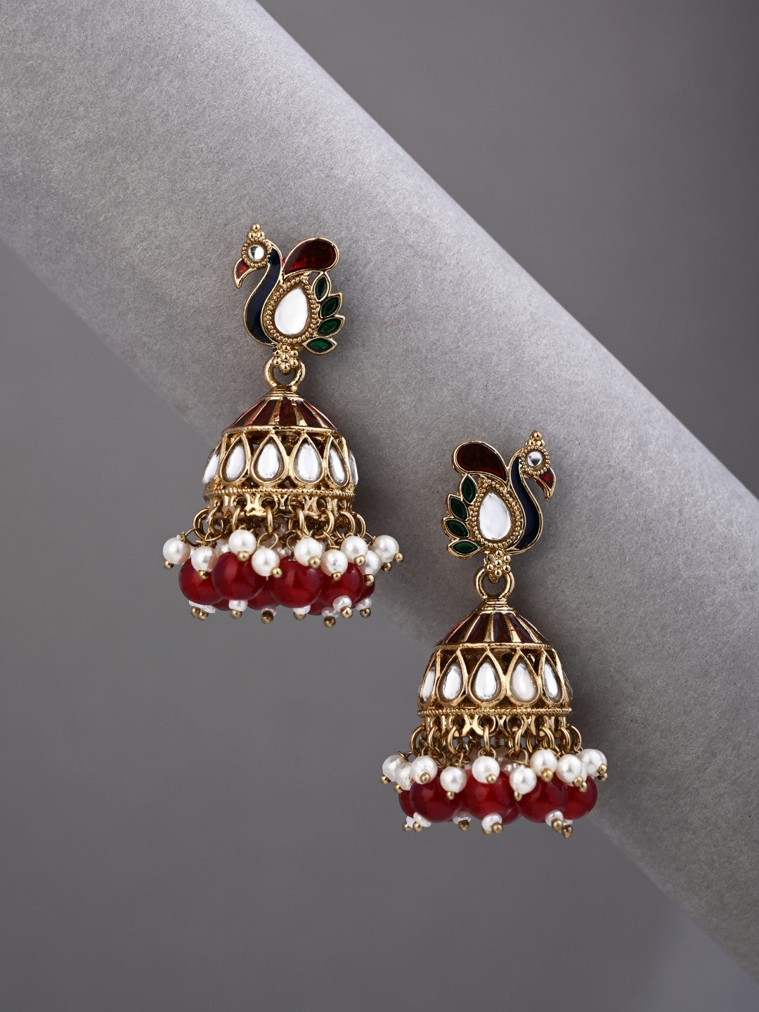 Peacock-inspired jhumka earrings- Red