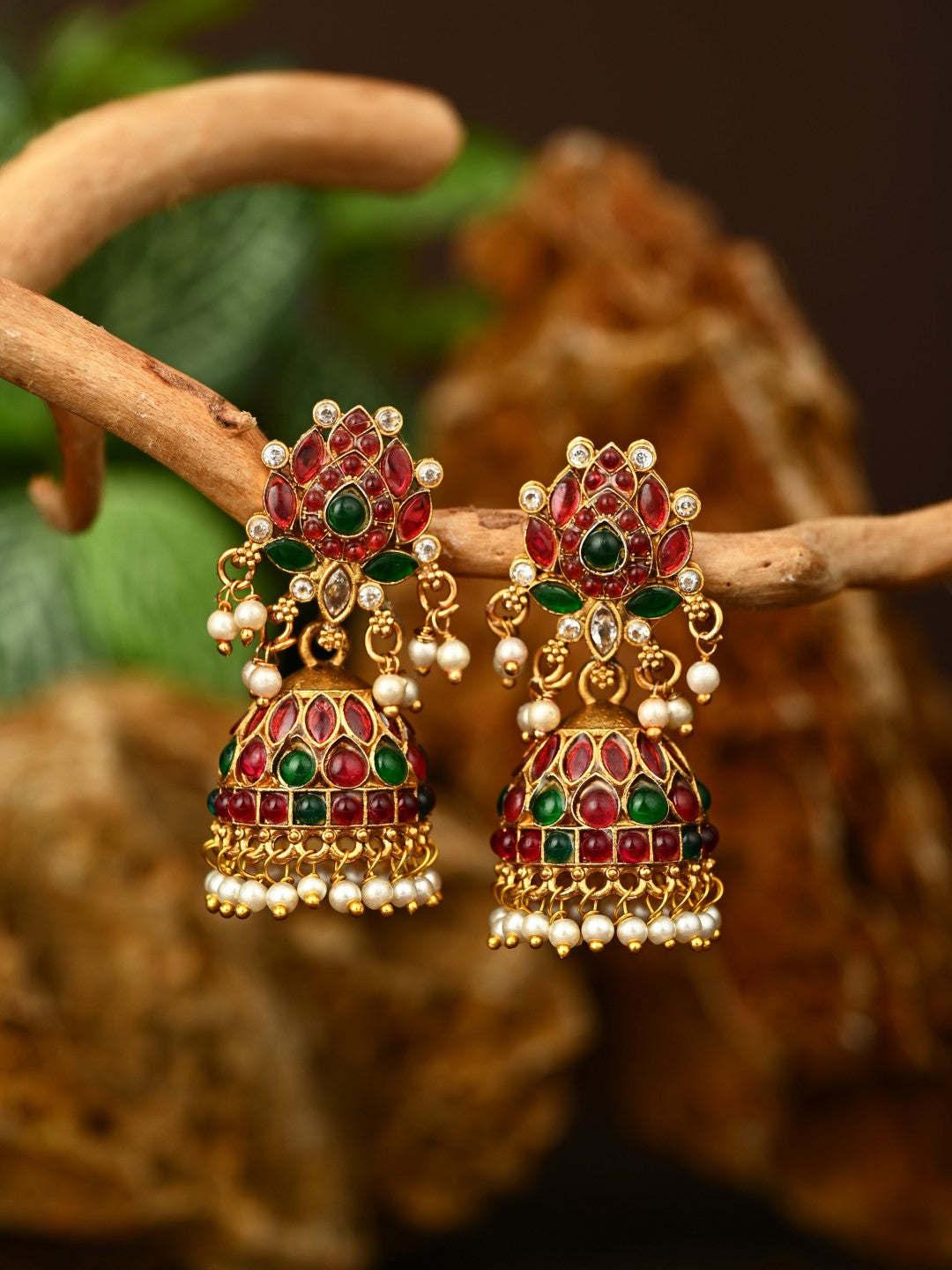 Gold Plated Red & green stone Jhumka Earring