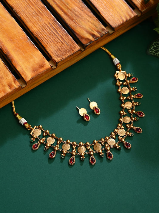 Antique Gold Kundan Floral Necklace Set with Bead Drops Red