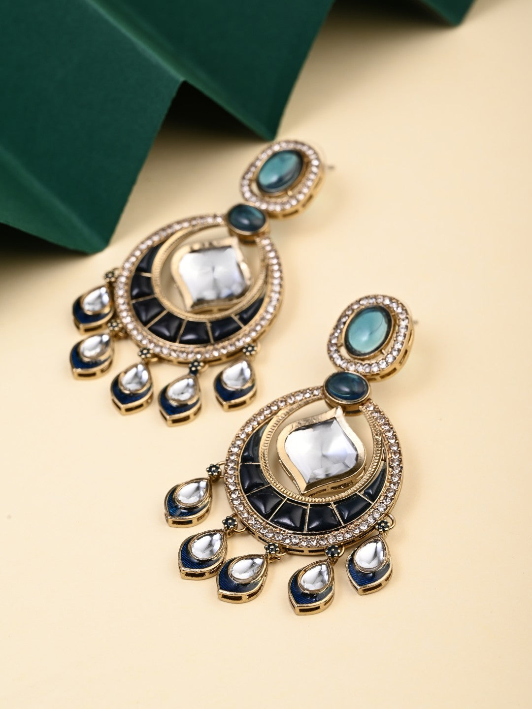 Kundan Chandbali Earrings with Teardrop Danglers- Navy