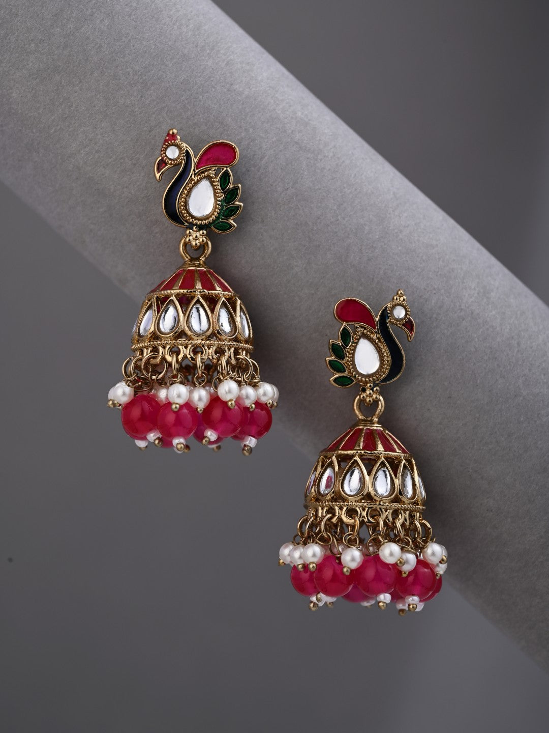 Peacock-inspired jhumka earrings- Pink
