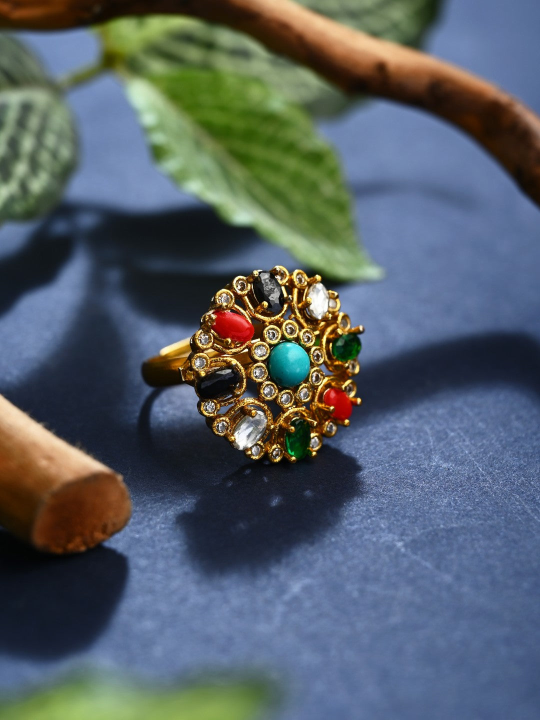 Multicolor Floral Statement Ring – Gold Finish Adjustable Cocktail Ring