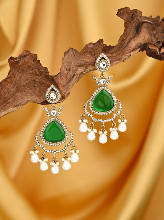 Myra Green Kundan Drop Earrings with Pearl Accents