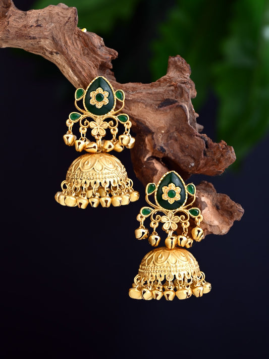 Emerald Temple Jhumka Earrings with Ghungroo Drops